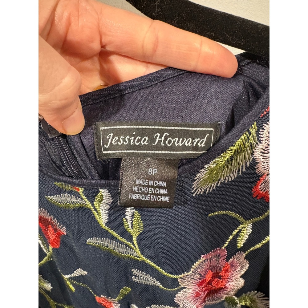 Jessica Howard Navy Blue Floral Embroidered Mesh Shift Dress Size 8P Sleeveless - Picture 3 of 9